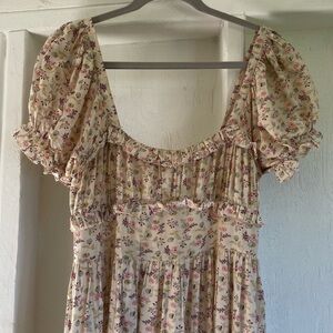 Doen Floral Puff Sleeve Dress in Cream and Pink